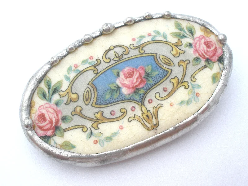 Ladies radiant shine brooches -Broken China Rose Oval Brooch Vintage