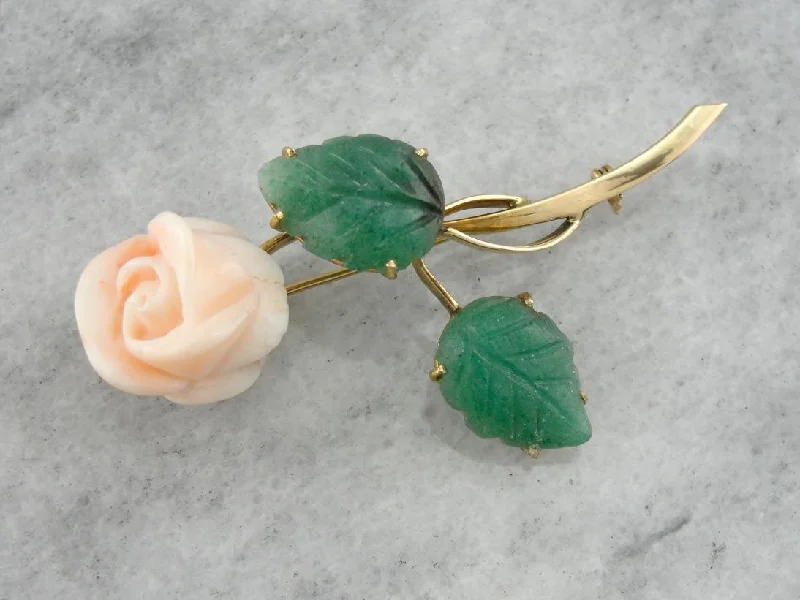 Ladies single hue brooches -A Rose of Angels Skin: Vintage Coral and Aventurine Brooch in Gold