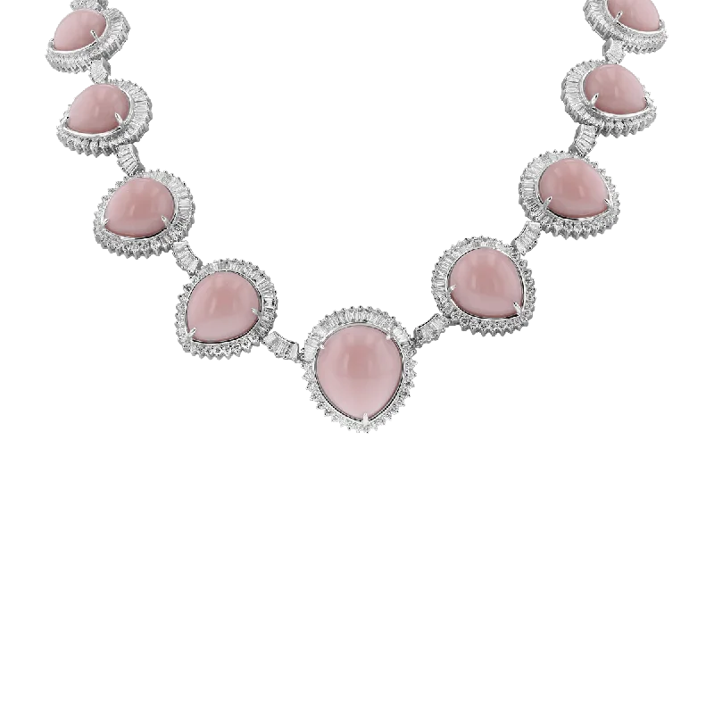 Ladies eye-catching bold necklaces -JULEVE 18KT 123.64 CTW PINK OPAL & 21.62 CTW DIAMOND HALO NECKLACE