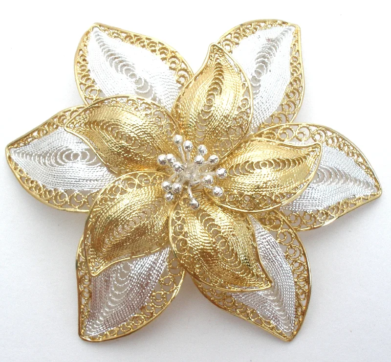 Ladies enamel hue brooches -Sterling Silver &  Gold Filigree Flower Brooch Vintage