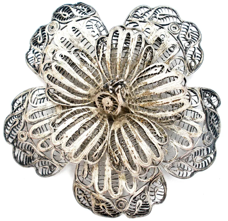 Ladies angular geometric brooches -Large Cannetille Flower Sterling Silver Brooch Vintage