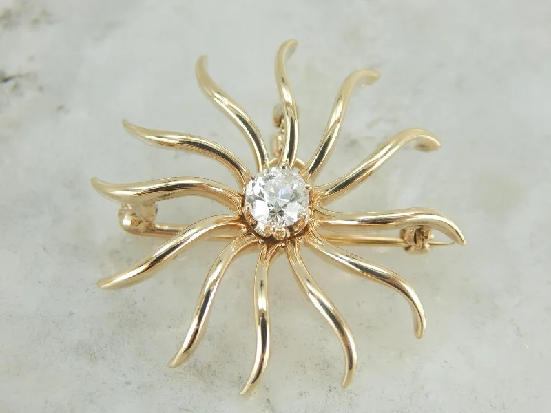 Ladies bar sparkle brooches -Diamond Sun Pendant or Brooch in Yellow Gold