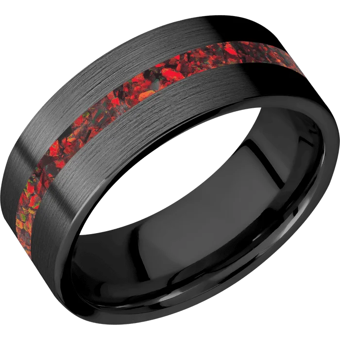 Ladies Rings with Triangle Glow-8mm wide Flat Black Titanium Ring with Satin Finish / One 2mm Centered Ruby Red Opal Inlay