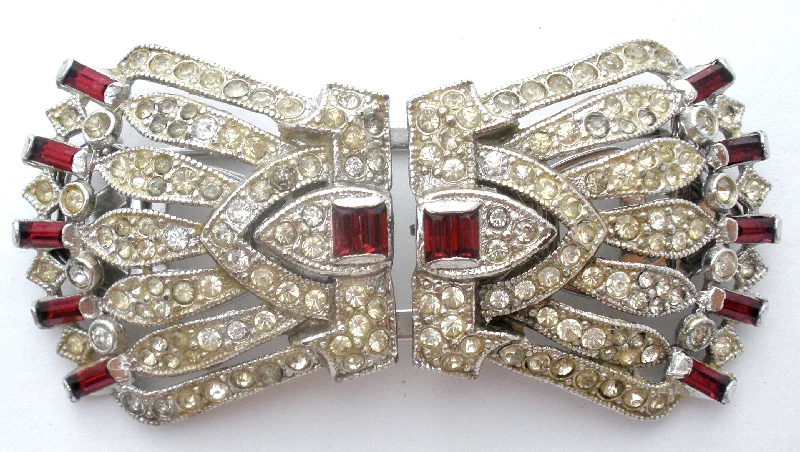 Ladies light touch brooches -Coro Red Rhinestone Dress Clip Duette Brooch