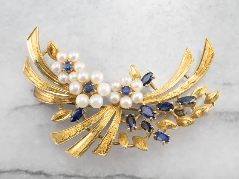 Ladies broad pin brooches -Vintage Gold Marquise Sapphire and Pearl Brooch