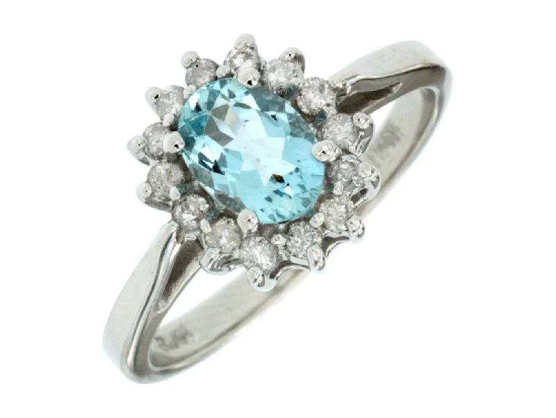 Ladies Rings with Oval Spark-14K White Gold Aquamarine and Diamond Halo Ring W3188Q-AQ