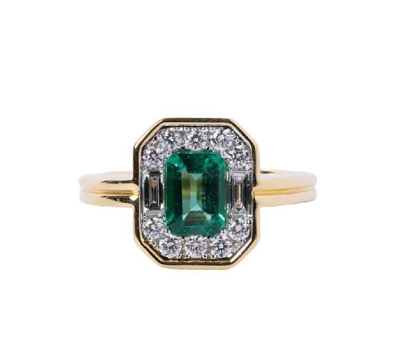 Ladies Rings with Diamond Spark-18k Yellow Gold .95ct Emerald and Diamond Bezel Set Ring