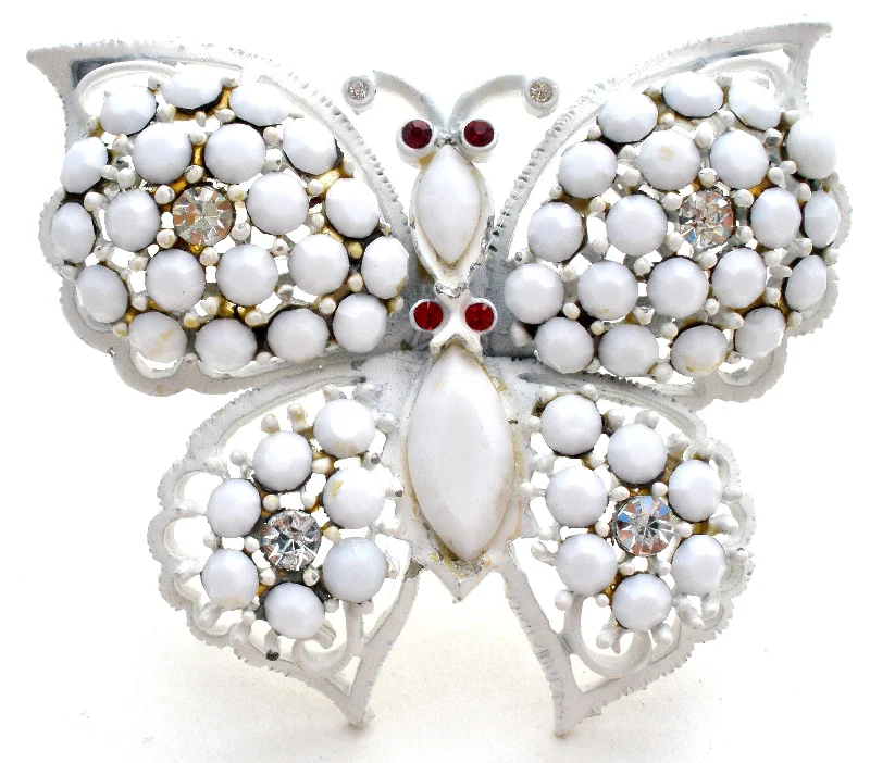 Ladies brilliant crystal brooches -Weiss Milk Glass Rhinestone Butterfly Brooch Pin Vintage