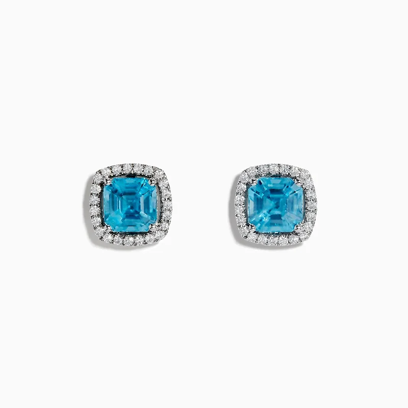 Ladies Earrings with Cloud Shine-14K White Gold Blue Zircon and Diamond Stud Earrings