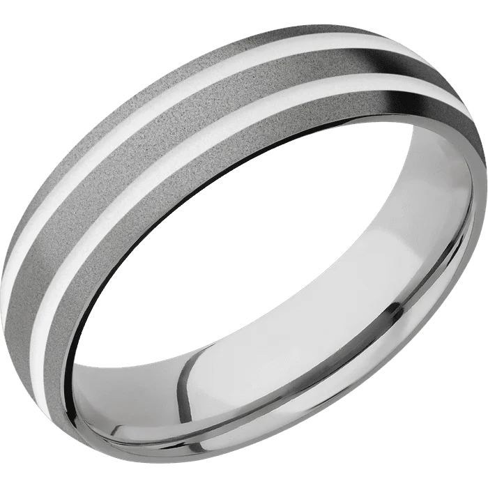 Ladies Rings with Wave Glow-6mm wide Domed Titanium Ring with Sand Blast Finish / Two 1mm Centered Snow White Cerakote Inlay