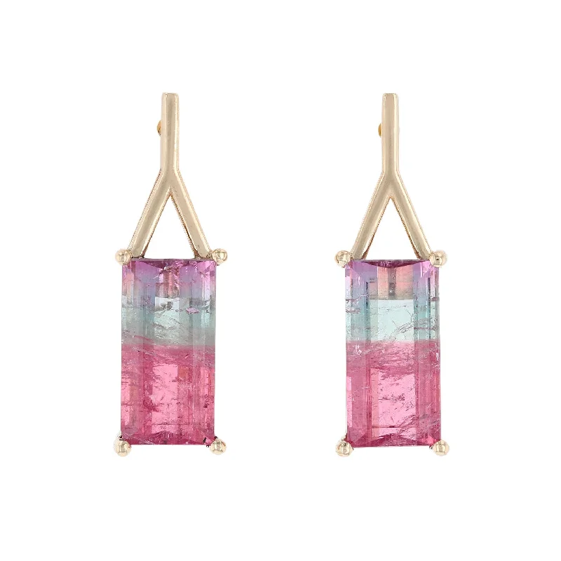 Ladies Earrings with Blue Shattuckite-Tricolor Pink & Green Tourmaline Rectangular Earrings