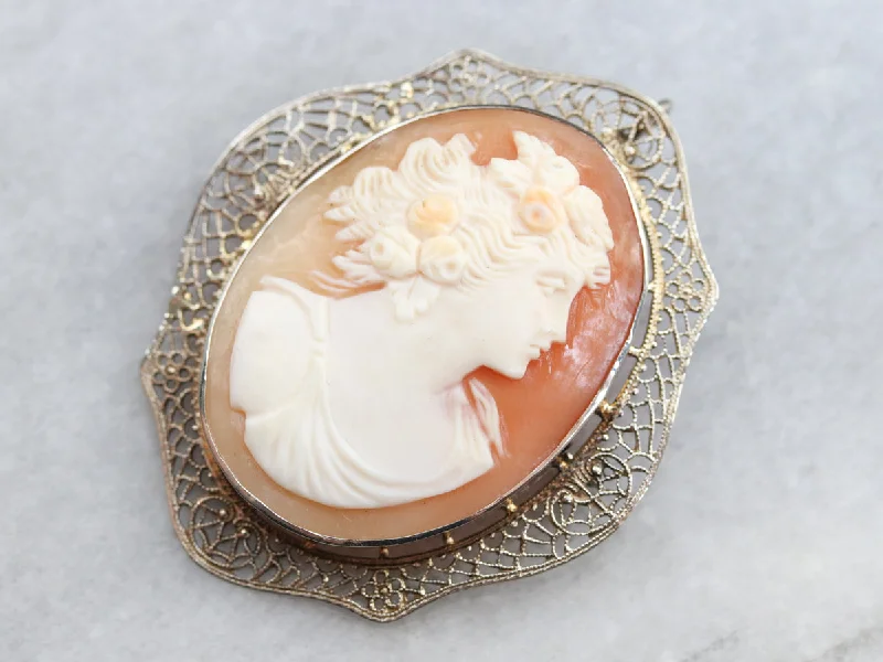 Ladies enamel hue brooches -Vintage White Gold Cameo Brooch or Pendant