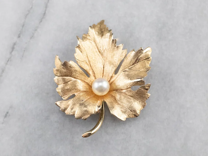 Ladies chunky statement brooches -Golden Pearl Grape Leaf Brooch