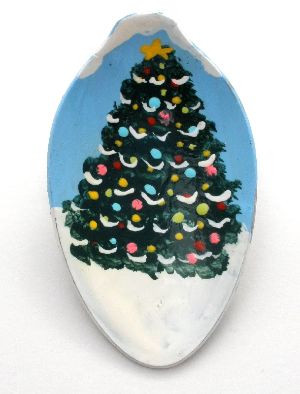 Ladies thrifty charm brooches -Hand Painted Christmas Tree Spoon Brooch