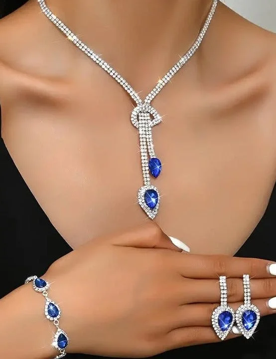 Ladies Earrings with Diamond Glow-4pcs SILVER Blue Jewelry Set l Rhinestone Earrings l Necklace l Bracelet l Prom l Wedding JS-937