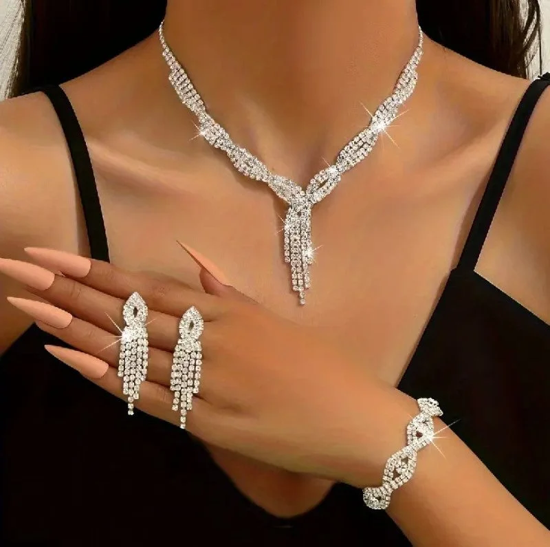 Ladies Earrings Dark Shine-4pcs SILVER Jewelry Set l Rhinestone Earrings l Necklace l Bracelet l Prom l Wedding JS-906