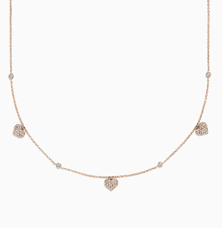 Ladies orbit glow necklaces -Novelty 14K Rose Gold Diamond Hearts Station Necklace, 0.45 TCW