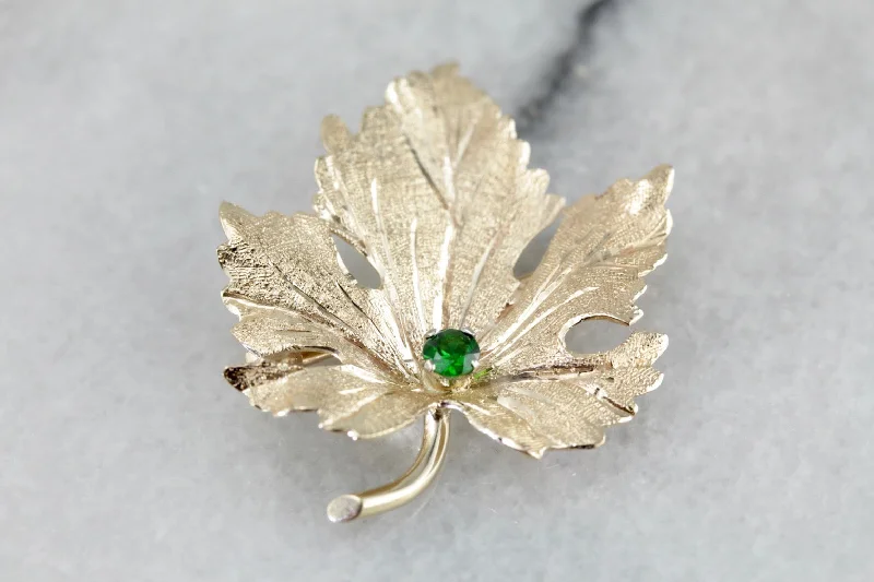 Ladies galaxy gleam brooches -Golden Leaf Brooch with Demantoid Garnet Center