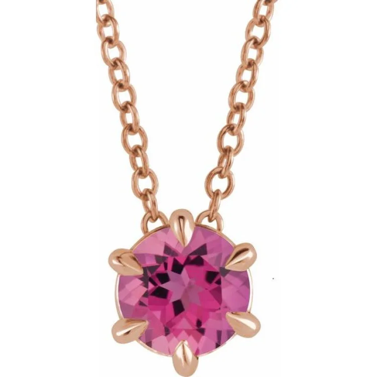 14K Rose 6 mm Natural Pink Tourmaline Solitaire 16-18" Necklace