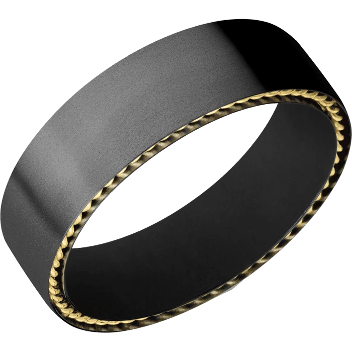 Ladies Rings with Mint Serpentine-7mm wide Flat Black Titanium Ring with Bead Blast Finish / Two 1mm Sidebraid 14k Yellow Gold Inlay with Polish Finish / Black Cerakote Sleeve