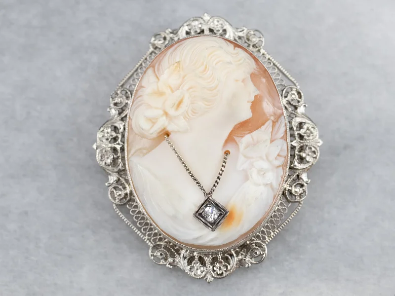 Ladies smooth ceramic brooches -Art Deco Diamond Cameo Brooch or Pendant