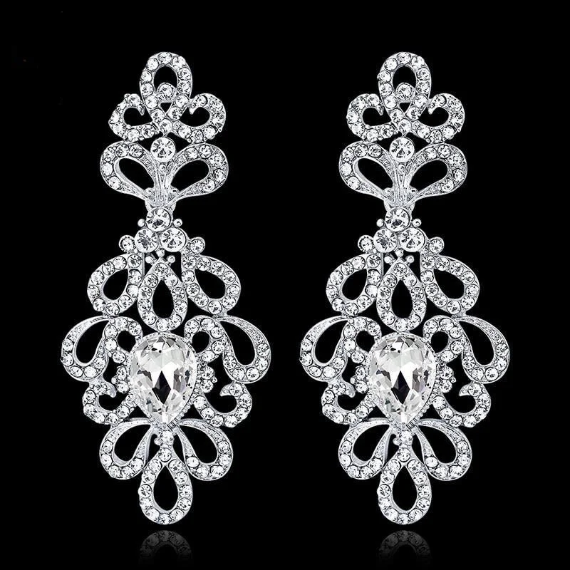 Ladies Earrings with Pure Okenite-TRZ-001 Luxury Crystal Floral Bridal Long Drop Wedding Earrings Silver