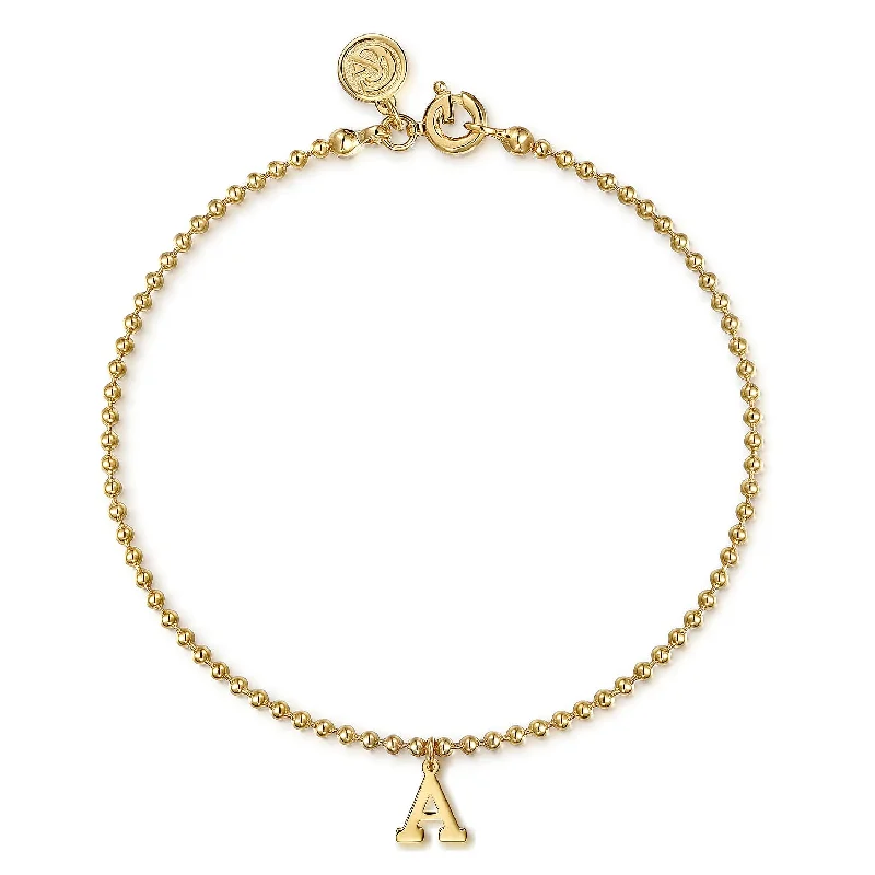 Ladies fanciful gleam bracelets -7" Initial "A" Beaded Chain Bracelet in Yellow Gold by Gabriel & Co.