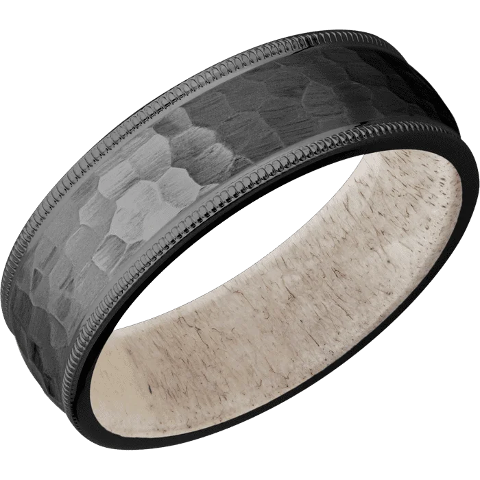 Ladies Rings with Brown Astrophyllite-7mm wide Domed Milgrain Edges Black Titanium Ring with Hammer Finish / Antler Sleeve