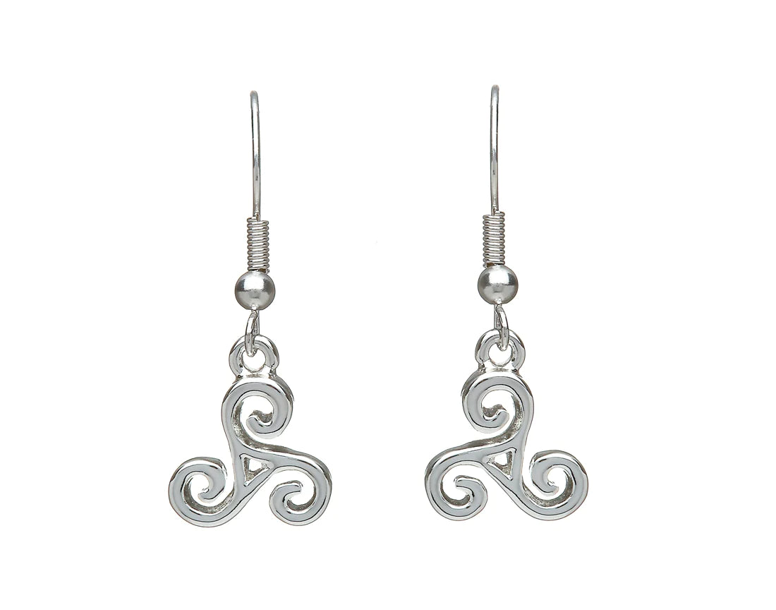 Ladies Earrings for Date Glow-Celtic Triple Spiral Silver Plate Drop Earrings by Woods Celtic Jewellery