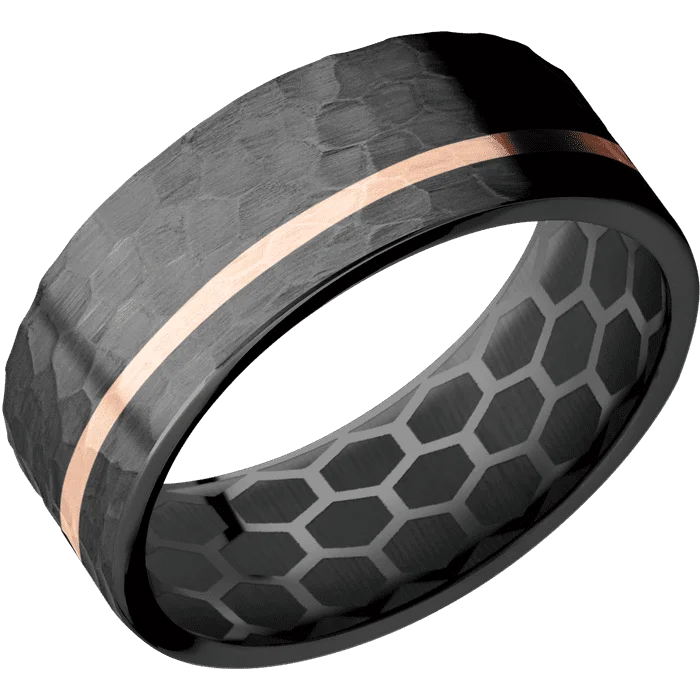 Ladies Rings for Sister Spark-8mm wide Flat Black Zirconium Ring with Hammer Finish / One 1mm Off Center 14k Rose Gold Inlay with Hammer Finish / None Interior Pattern