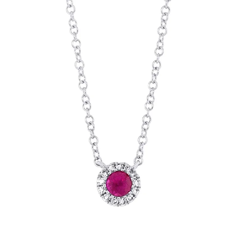 Ladies cosmic fate necklaces -14KT GOLD 0.14 CT RUBY & 0.04 CTW DIAMOND PETITE HALO NECKLACE