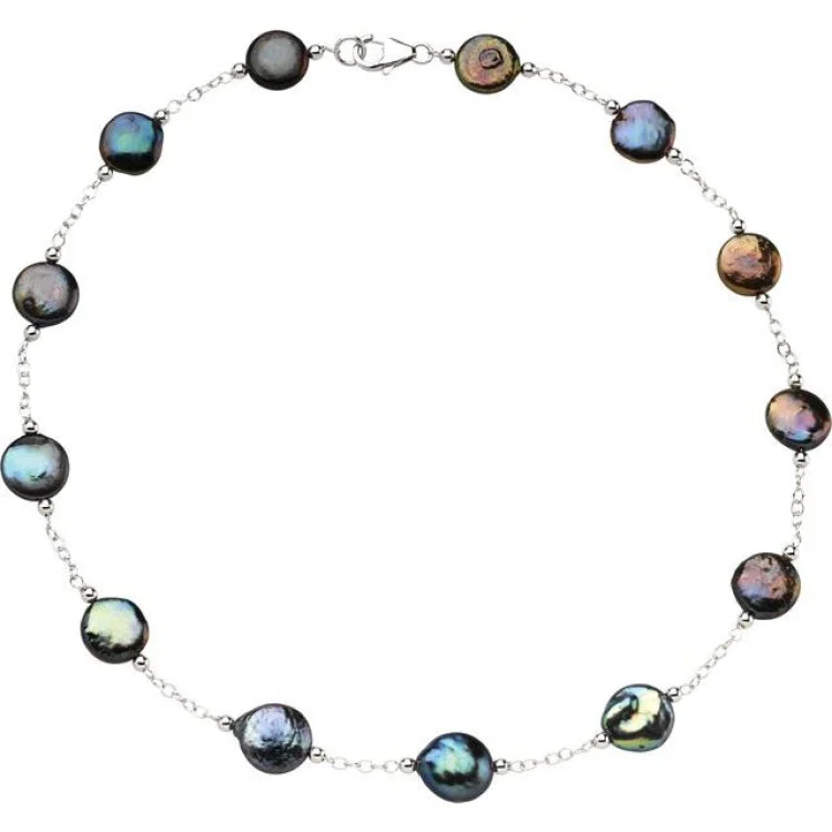 Ladies bar sparkle necklaces -Sterling Silver 12-13 mm Cultured Black Freshwater Pearl Coin 18" Necklace