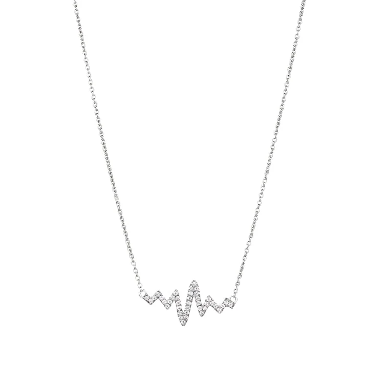 Ladies sunbeam shine necklaces -Platinum Finish Sterling Silver Micropave Heartbeat Necklace with Simulated Diamonds 16" - 18" Adjustable Cable Chain