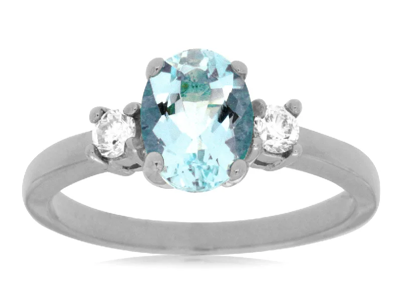 Ladies Rings with Silver Cassiterite-14K White Gold Oval Blue Aquamarine 3 Stone Diamond Ring