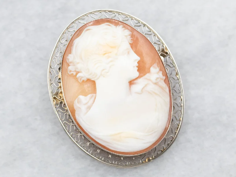 Ladies custom etched brooches -White Gold Cameo Brooch with Filigree Frame