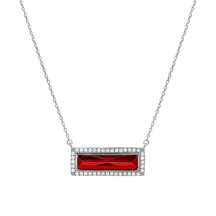 Ladies wave shine necklaces -Rhodium Finish Sterling Silver Necklace with Rectangular Simulated Garnet Stone and Simulated Diamonds on 16" - 18" Chain