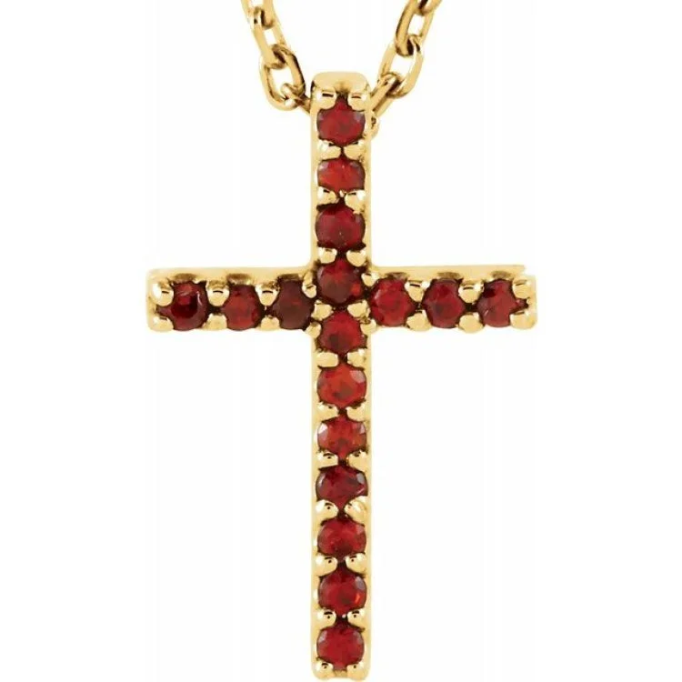 Ladies delicate strand necklaces -14K Yellow Natural Mozambique Garnet Petite Cross 16" Necklace