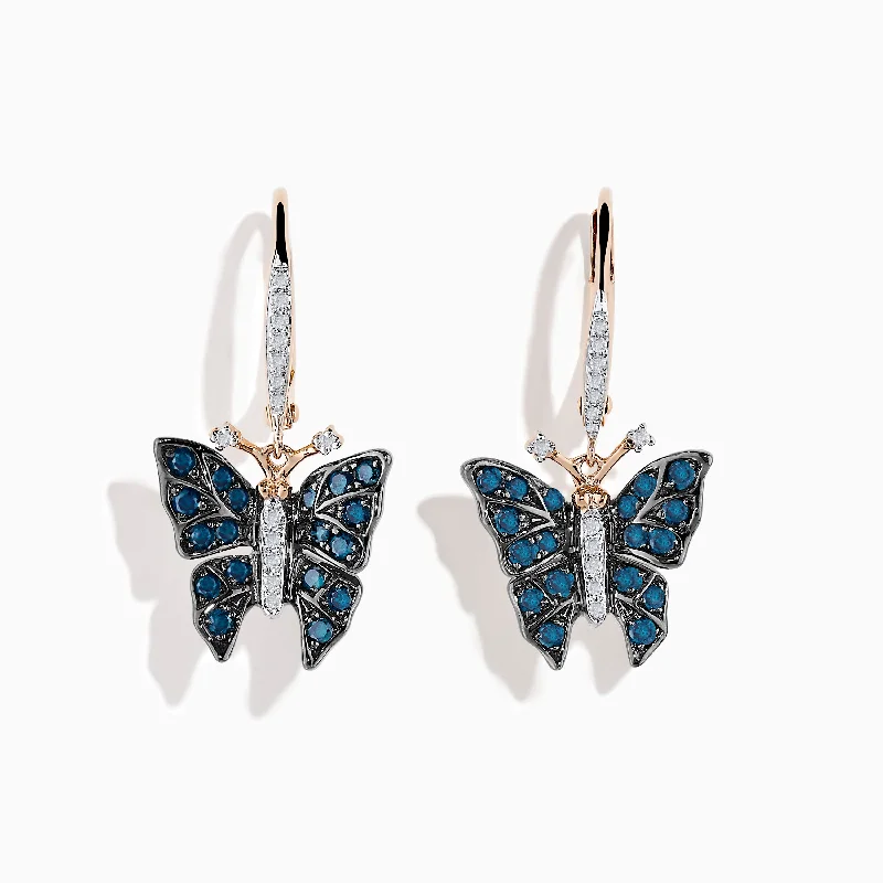 Ladies Earrings with Yellow Herderite-14K Rose Gold White and Blue Diamond Butterfly Earrings