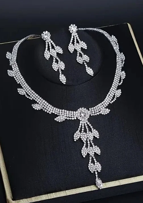 Ladies Earrings with Radiant Gems-3pcs Jewelry Set l Rhinestone Earrings l Necklace l Bracelet l Prom l Wedding JS-940