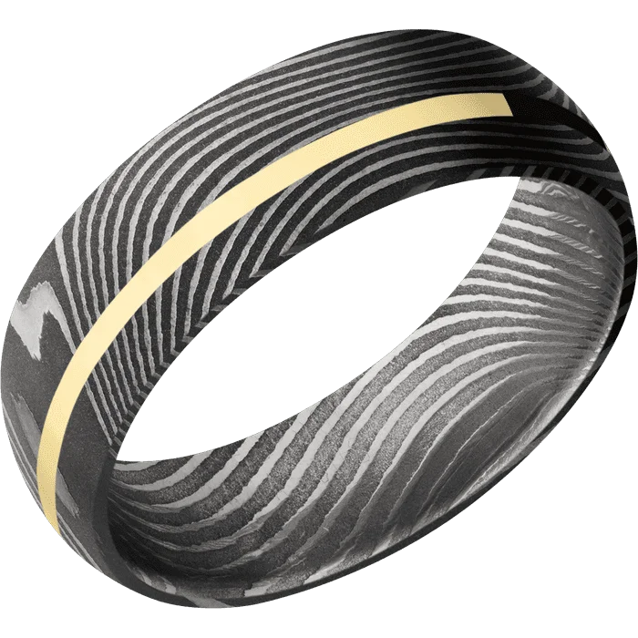 Ladies Rings with Silver Shine-7mm wide Domed Flattwist Damascus Steel Ring with Acid Damascus Finish / One 1mm Off Center 14k Yellow Gold Inlay with Polish Finish