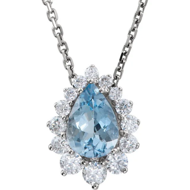 Ladies earthy green necklaces -14KT WHITE GOLD AQUAMARINE & 1/3 CTW DIAMOND 18" NECKLACE