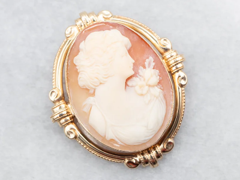 Ladies iridescent pearl brooches -Mid-Century Gold Cameo Brooch or Pendant