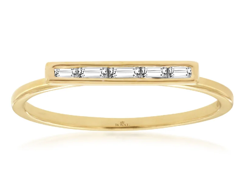 Ladies Rings with Feather Glow-Yellow Gold Baguette Row Bar Ring