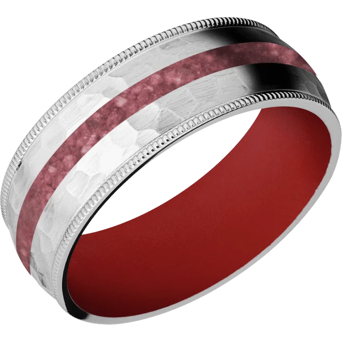 Ladies Rings Dark Shine-8mm wide Domed Milgrain Edges Cobalt Chrome Ring with Hammer Finish / One 2mm Centered Thulite Inlay / USMC Red Cerakote Sleeve