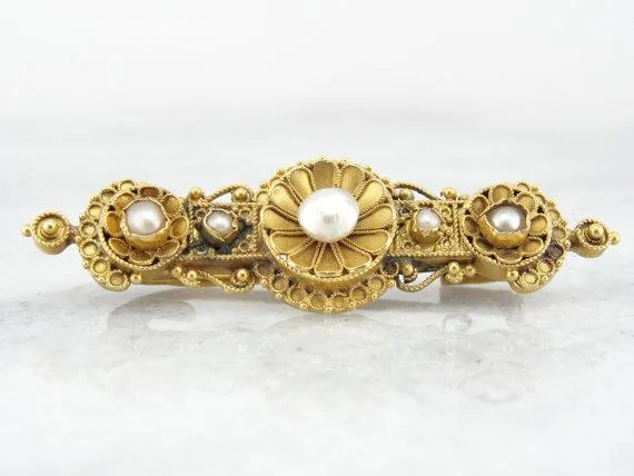 Ladies bright acrylic brooches -Etruscan Revival Victorian 22K Gold and Pearl Brooch