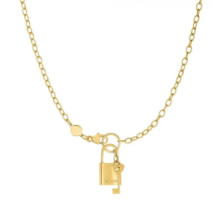 Ladies tribal rhythm necklaces -EMILIQUE 14KT YELLOW GOLD LOCK & KEY FOREVER NECKLACE