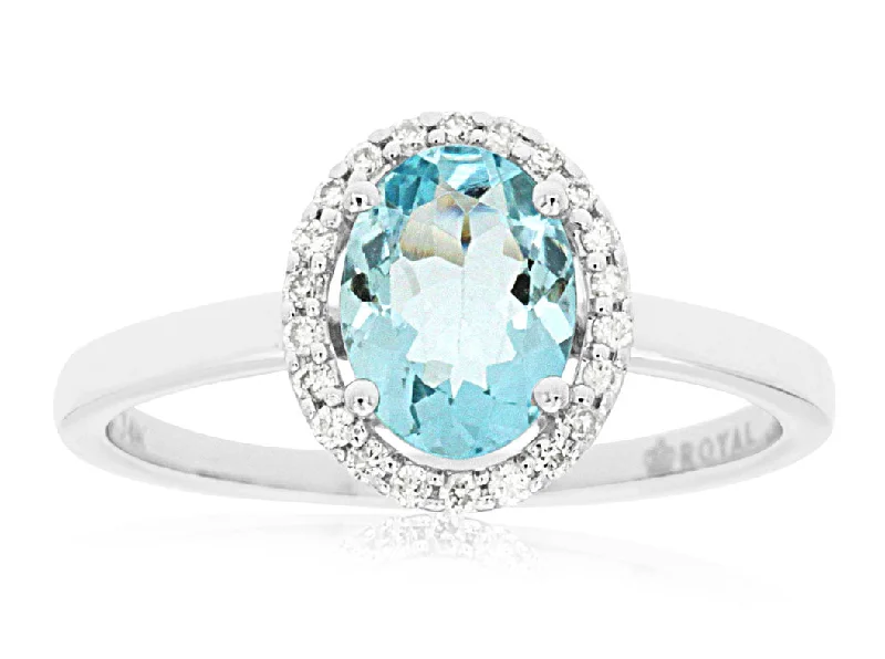 Ladies Rings with Wave Spark-14K White Gold Oval Aquamarine with Diamond Halo Ring