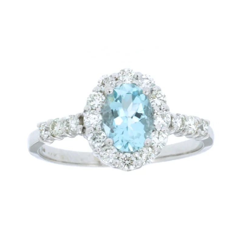 Ladies Rings with Square Glow-14k White Gold Oval Aquamarine and Diamond Halo Ring W3788Q-AQ