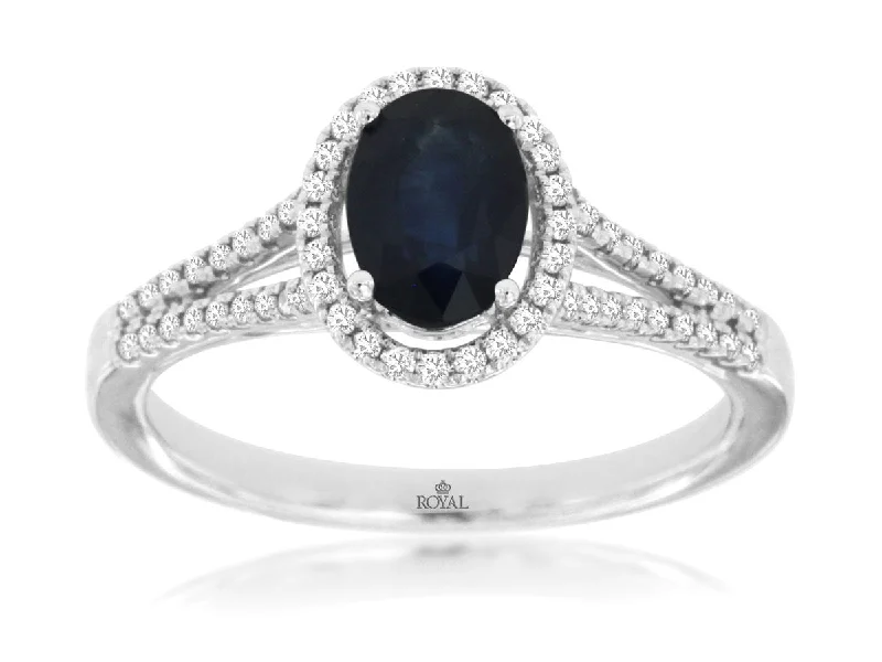 Ladies Rings with Blue Glaucophane-14K White Gold Oval Sapphire with a Diamond Halo Ring