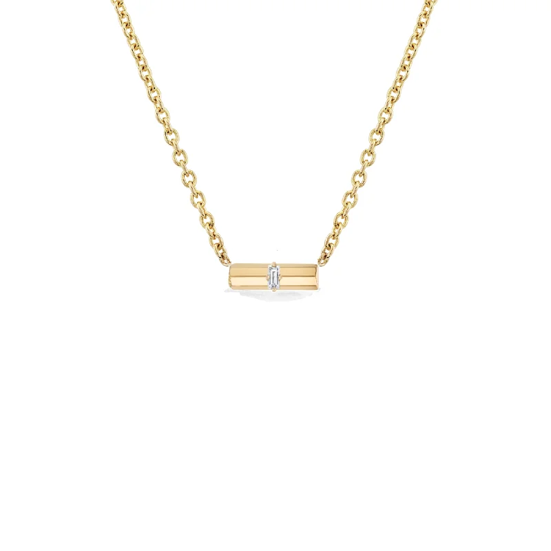 Ladies zirconia spark necklaces -Horizontal Knife Edge Bar Necklace With Baguette